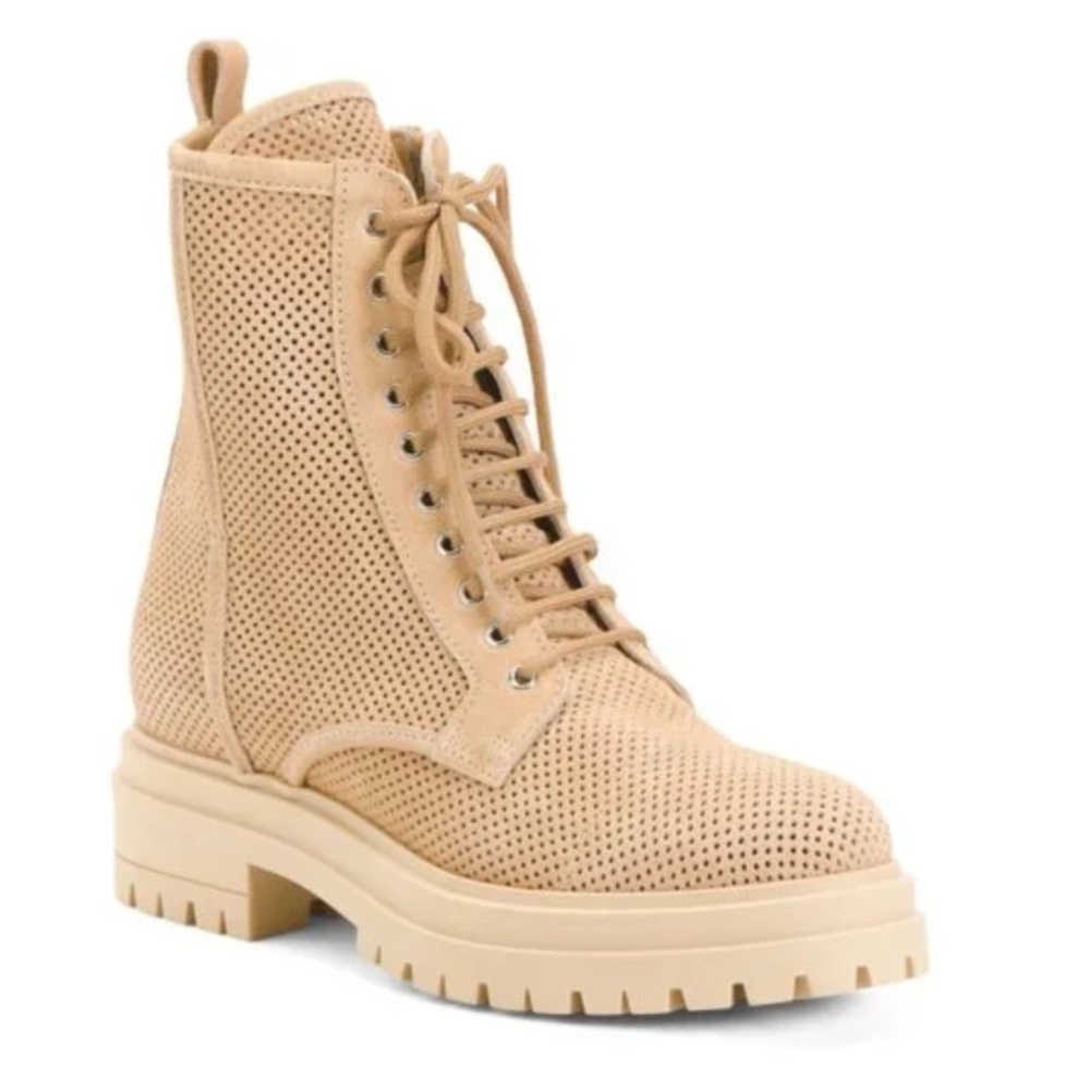 NAPOLEONI Beige Made In Italy Suede Perforated Laced Up Booties, NEW, 39 - Picture 1 of 10